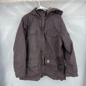 Carhartt Women XL Gallatin Coat STAINED Quilted Lined Brown Zip Hooded Pockets